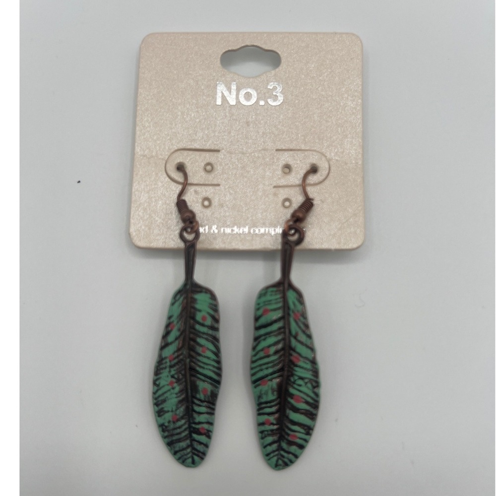 No.3 Green Feather Drop Earrings Copper Tone Boho Tribal Dangle SE6387CBPT